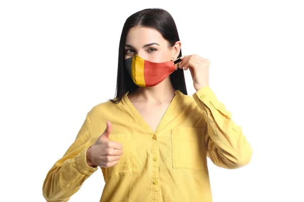 Mujer Joven Feliz Con Máscara Colores Bandera Belga Sobre Fondo —  Fotos de Stock