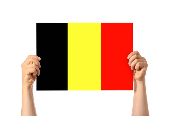 Ludzkie Dłonie Trzymające Belgijską Flagę Białym Tle — Zdjęcie stockowe