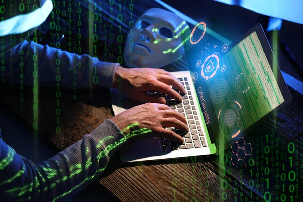 Hacker Using Computer Dark Room — Stock Photo, Image