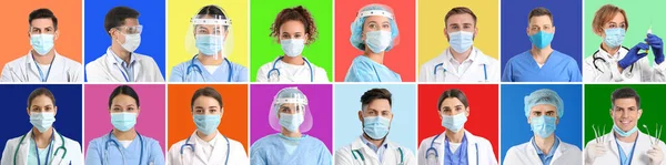 Gruppe Von Ärzten Medizinischen Masken Auf Farbigem Hintergrund — Stockfoto
