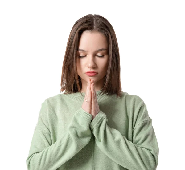 Religiosa Joven Rezando Sobre Fondo Blanco — Foto de Stock