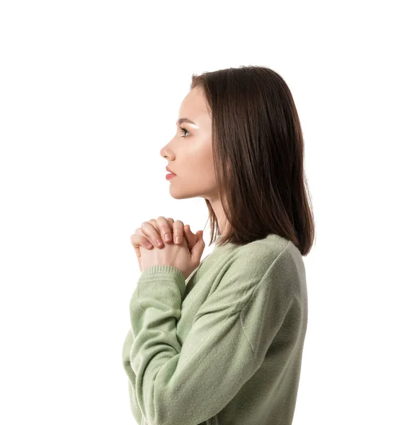 Релігійна Молода Жінка Молиться Білому Тлі — стокове фото