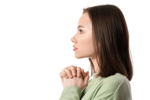 Religious Young Woman Praying White Background — Stock Photo, Image