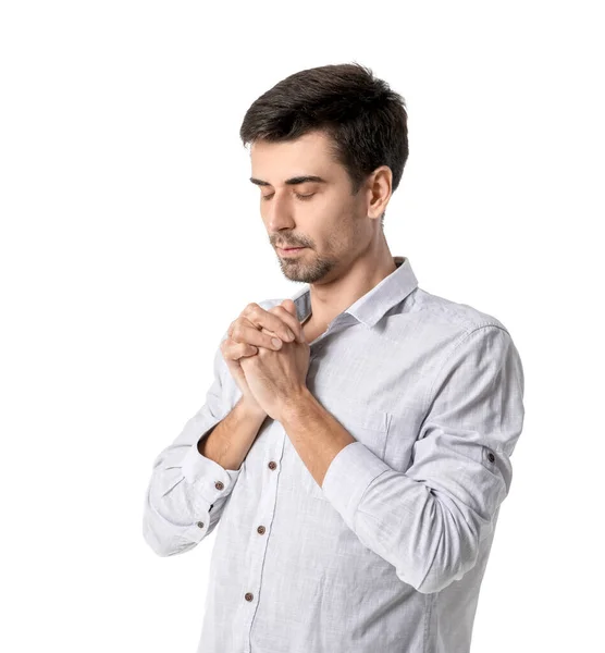 Θρησκευτικός Νεαρός Άνδρας Προσεύχεται Λευκό Φόντο — Φωτογραφία Αρχείου