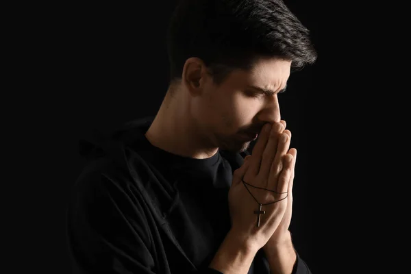 Religious Young Man Cross Praying Dark Background — Stock Photo, Image