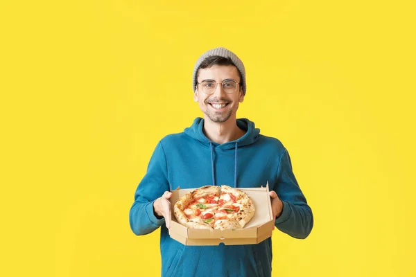 Handsome Young Man Tasty Pizza Color Background — Stock Photo, Image
