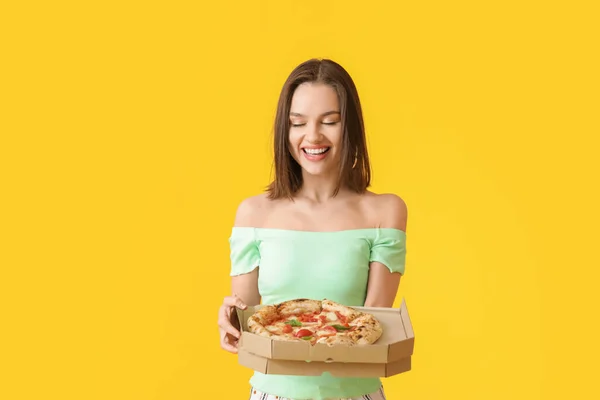 Beautiful Young Woman Tasty Pizza Color Background — Stock Photo, Image