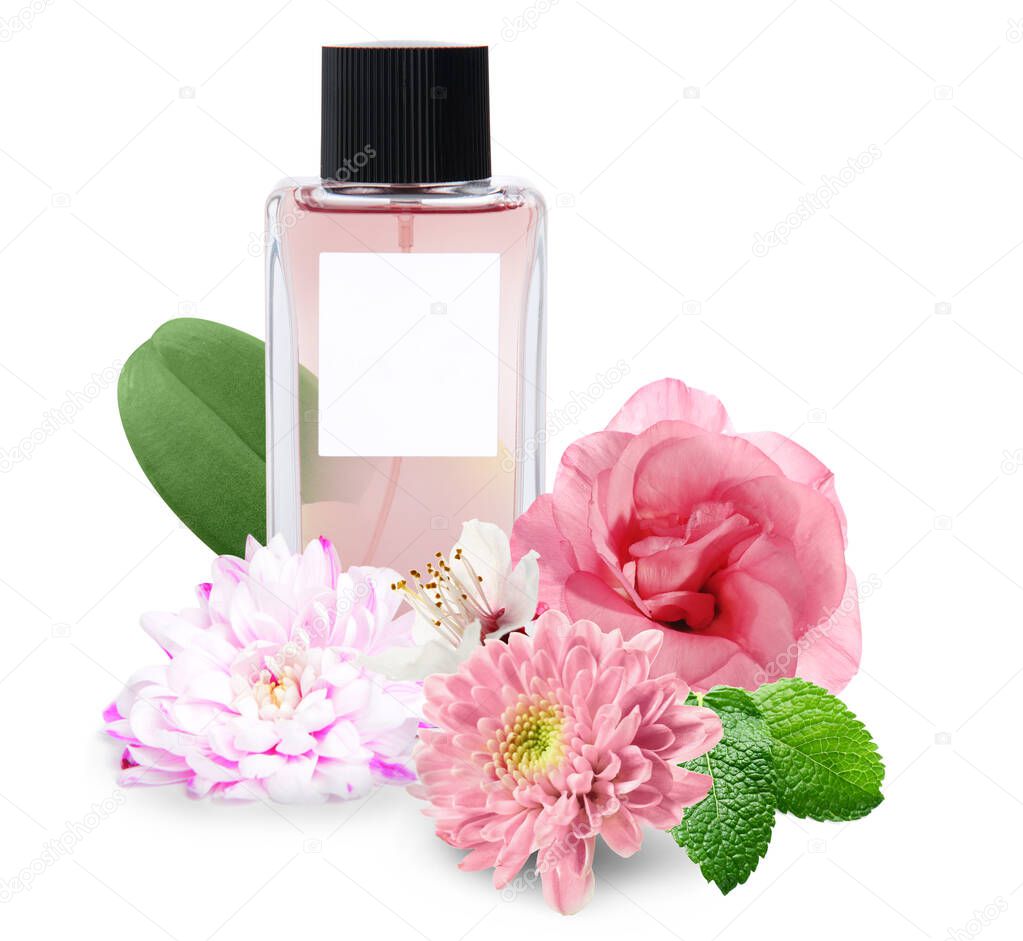 Bottle of floral perfume on white background