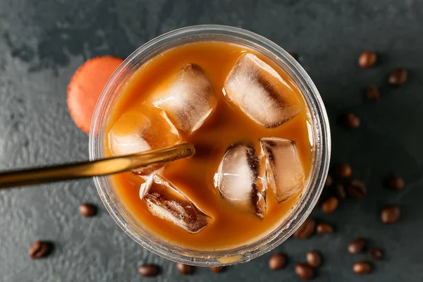 Plastic Cup Iced Coffee Dark Background Closeup — Stock Photo, Image