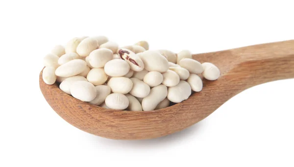 Cucchiaio Con Fagioli Crudi Sfondo Bianco — Foto Stock