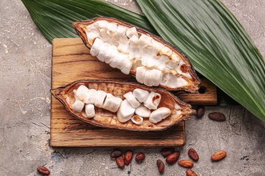 Taze kakao meyveli kompozisyon ve grunge arkaplanda yapraklar