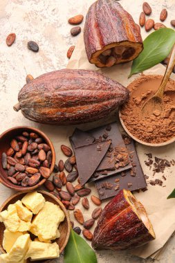 Taze kakao meyveleri, fasulye, tereyağı, toz ve çikolata arkaplanda.