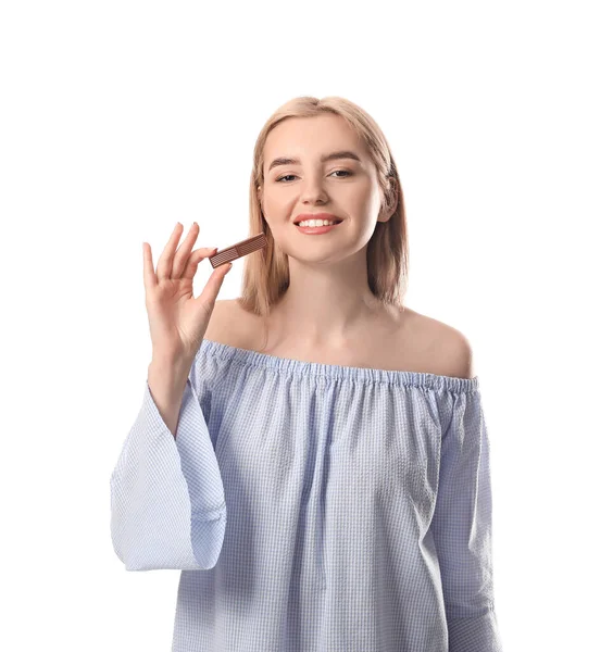 Beautiful Young Woman Tasty Chocolate White Background — Stock Photo, Image