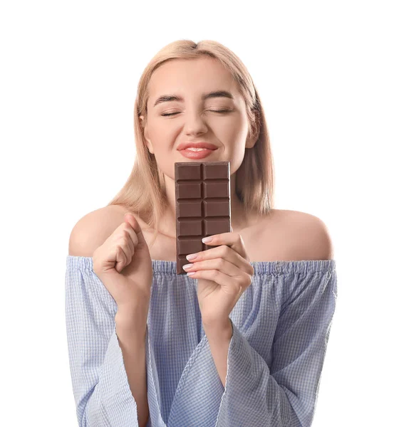Mulher Bonita Com Chocolate Saboroso Fundo Branco — Fotografia de Stock