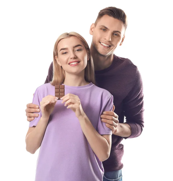Young Couple Tasty Chocolate White Background — Stock Photo, Image