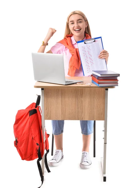 Happy Student Answer Sheet School Test Desk White Background — Stock Photo, Image