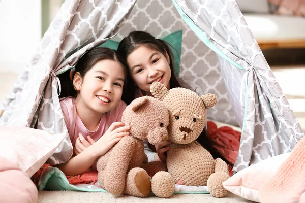 Cute Asian Sisters Toys Lying Play Tent Home — Stock Photo, Image