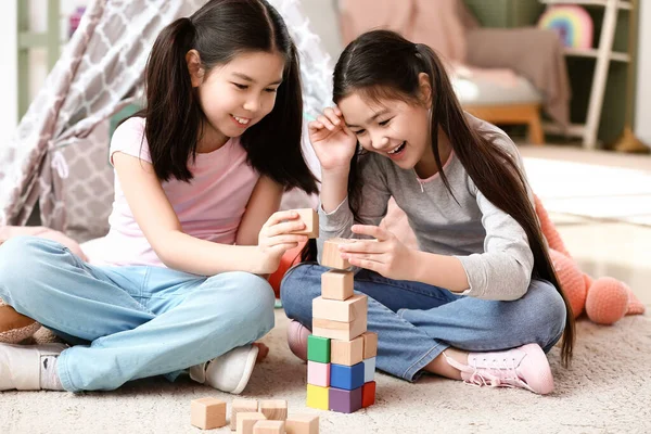 Cute Asian Sisters Playing Home — Stock Photo, Image