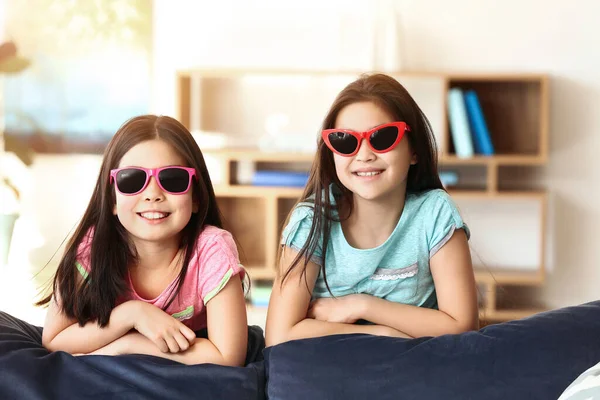 Cute Asian Sisters Stylish Sunglasses Home — Stock Photo, Image