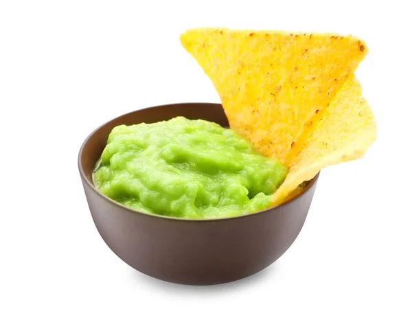 Miska Smacznym Guacamole Nachos Białym Tle — Zdjęcie stockowe