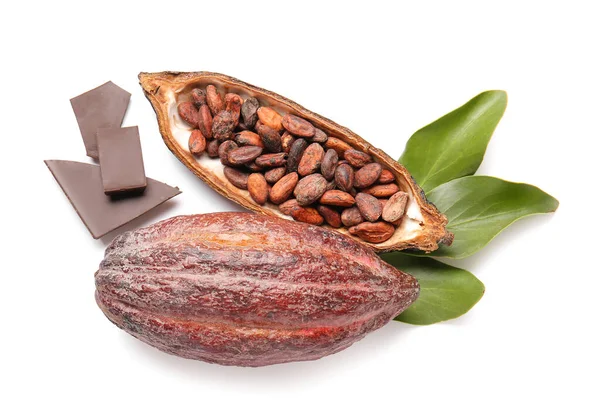 Frutta Fresca Cacao Fagioli Cioccolato Sfondo Bianco — Foto Stock