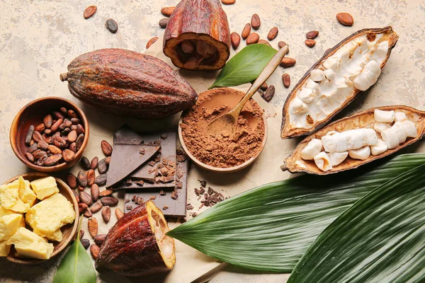 Composición Con Frutas Frescas Cacao Frijoles Mantequilla Polvo Chocolate Sobre — Foto de Stock