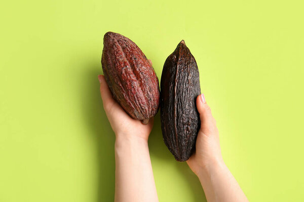 Woman holding fresh cocoa fruits on color background