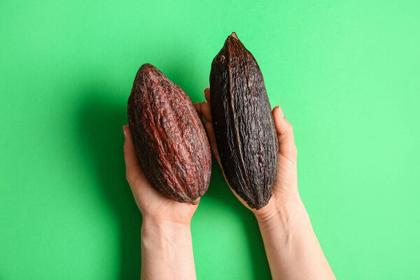 Woman holding fresh cocoa fruits on color background
