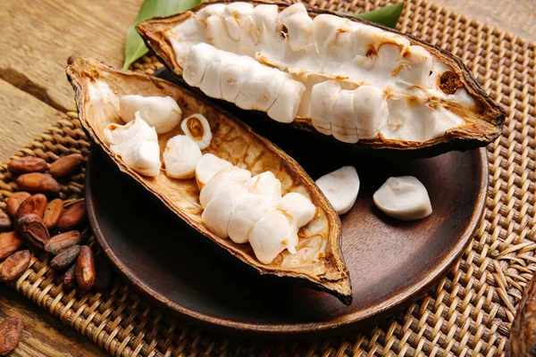 Plate Fresh Cocoa Fruit Wooden Background Stock Image