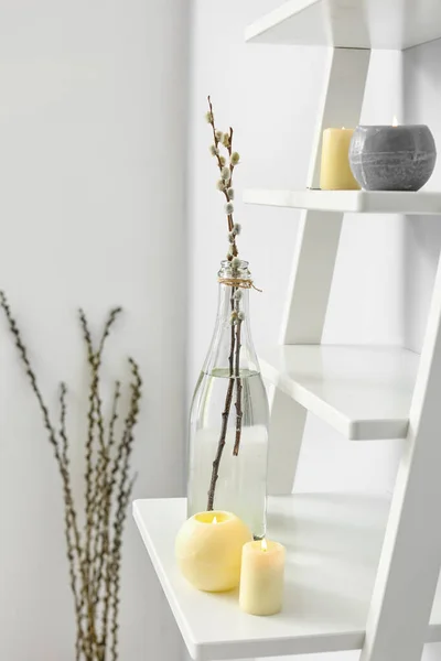 Shelves Willow Branches Candles White Wall — Stock Photo, Image