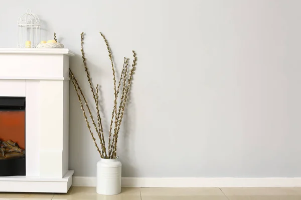 Vase Willow Branches Modern Fireplace Light Wall — Stock Photo, Image