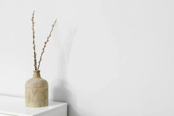 Vase Willow Branches Shelf Light Wall — Stock Photo, Image