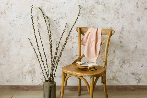 Wooden Chair Vase Willow Branches Light Wall — Stock Photo, Image