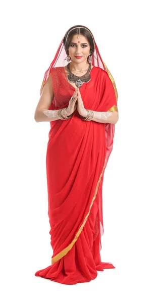 Schöne Indische Frau Auf Weißem Hintergrund — Stockfoto