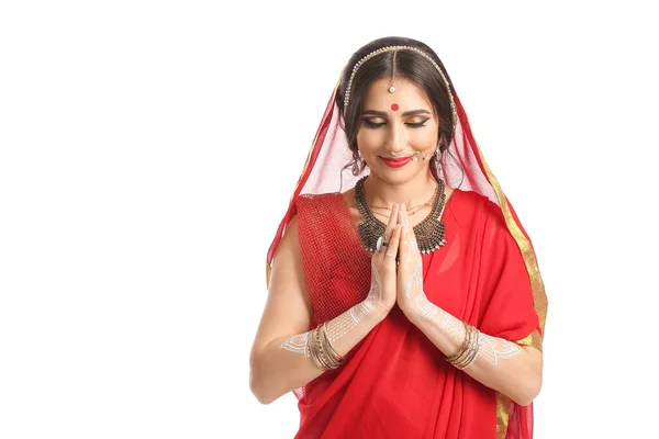 Hermosa Mujer India Sobre Fondo Blanco — Foto de Stock