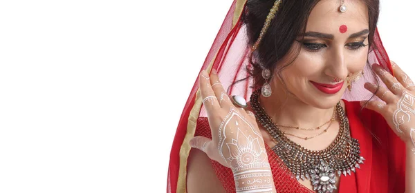 Mooie Indiase Vrouw Witte Achtergrond — Stockfoto