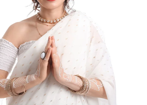 Красивая Индийская Женщина Белом Фоне — стоковое фото