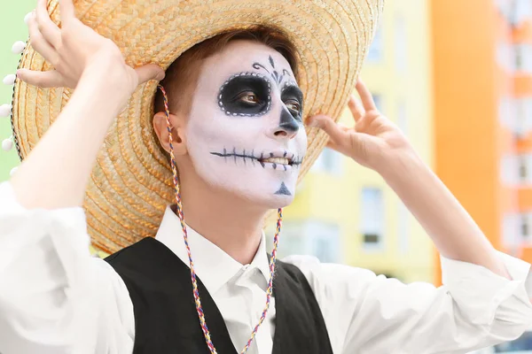 Young Man Painted Skull His Face Outdoors Celebration Mexico Day — Stock Photo, Image