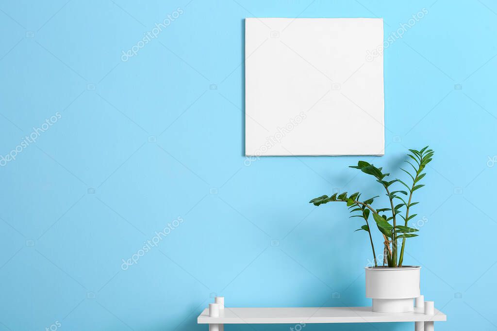 Shelf with houseplant and blank poster hanging on color wall