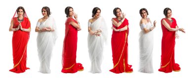 Beyaz arka planda güzel bir Hintli kadın seti