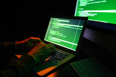 Hacker karanlık odada bilgisayar kullanıyor.