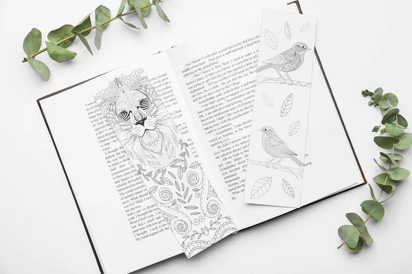 Book Bookmarks Eucalyptus Branches White Background — Stock Photo, Image