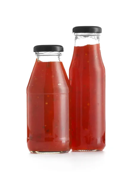 Bottles Chili Sauce White Background — Stock Photo, Image
