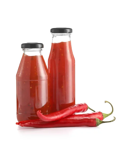 Bottles Chili Sauce White Background — Stock Photo, Image