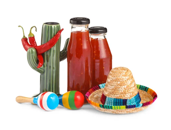 Botellas Salsa Chile Con Símbolos México Sobre Fondo Blanco — Foto de Stock