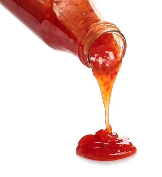 Bottle Spilled Chili Sauce White Background — Stock Photo, Image