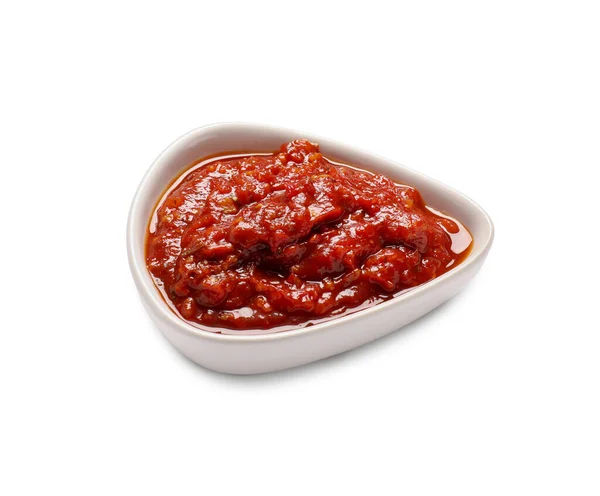 Schüssel Mit Leckerer Salsa Sauce Auf Weißem Hintergrund — Stockfoto