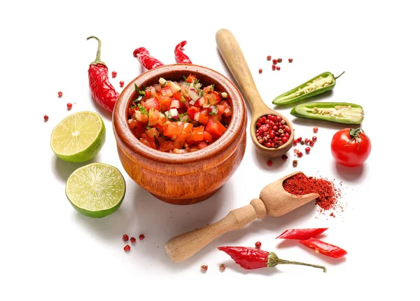Bowl Tasty Salsa Sauce Products White Background — Foto de Stock