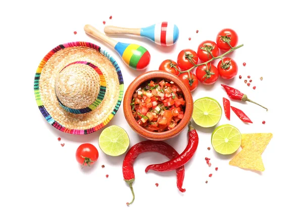 Bowl Tasty Salsa Sauce Symbols Mexico White Background — Foto Stock