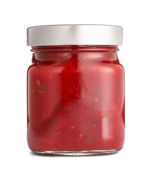 Jar Tasty Salsa Sauce White Background — Stock Photo, Image